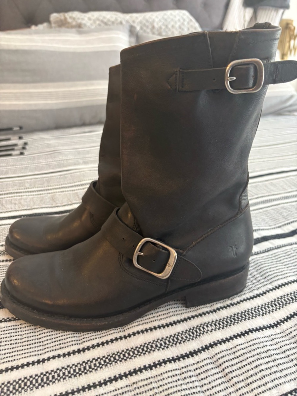 Frye Black Leather Harness Moto Boots